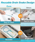Reusable Drain Snake Tool comparison showing easy-to-clean design versus messy alternatives, highlighting reuse features.