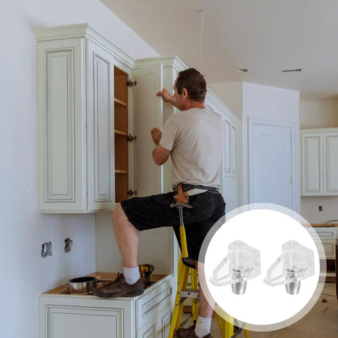 Clear Plastic Shelf Support Pegs Set Of 100 Self Locking Pins For Cabinet Shelves No Fuss Install shown with cabinet setup