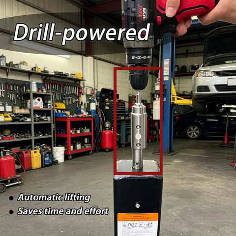 Heavy Duty Trailer Jack Drill Adapter For RV And Camper sets on one inch drive shaft, showing drill attachment in workshop.
