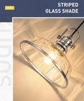 kudos 11 Inch Brushed Nickel Clear Striped Pendant Light, KDPL13-BN-C close-up of striped glass shade and metal fixture.