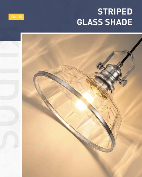 kudos 11 Inch Brushed Nickel Clear Striped Pendant Light, KDPL13-BN-C close-up of striped glass shade and metal fixture.