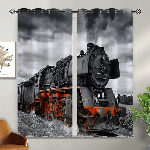 Steam Engine Train Blackout Curtains For Kids Bedrooms And Living Rooms With Grommet Top Thermal Insulated Darkening Window Drapes 42 By 63 Inch Vintage Locomotive Design 3D Printed Look