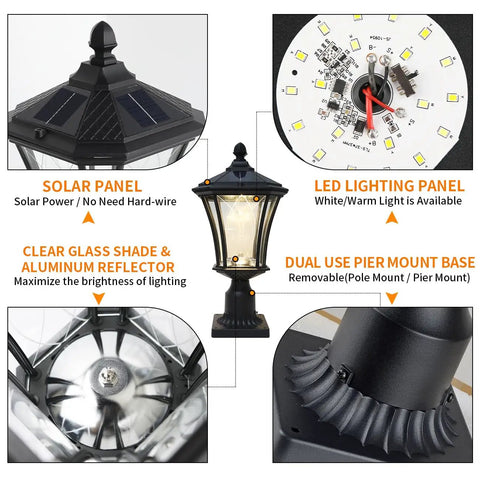 Durable Solar Post Lights Dusk To Dawn With Pier Mount Base Waterproof Exterior Pole Lamps Patterned Glass