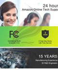 Customer support representative with headset, FCC certified badge, 3-year warranty headline, and manufacturing facility image.