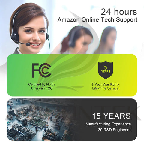 Customer support representative with headset, FCC certified badge, 3-year warranty headline, and manufacturing facility image.