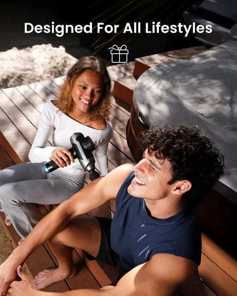 Couple using Professional Deep Tissue Percussion Massage Gun With Adjustable Amplitude From Six To Twelve Millimeters