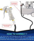 Silver air blow gun with brass adjustable nozzle, flexible hose shown, connection to air compressor indicated