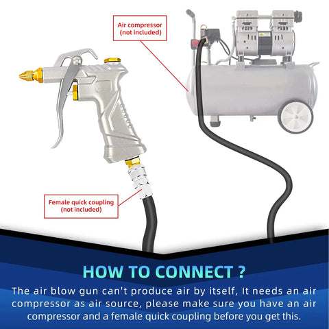 Silver air blow gun with brass adjustable nozzle, flexible hose shown, connection to air compressor indicated