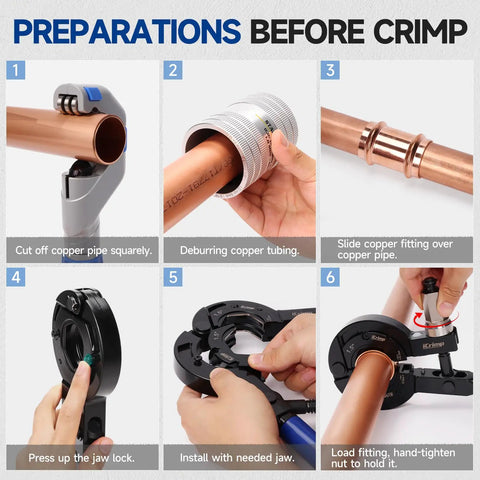 Preparations for using Heavy Duty Copper Pipe Press Tool for 1 Inch 1 25 and 1 5 fittings, showing trimming and fitting steps.