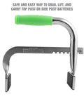 Heavy Duty Battery Carrier Lifter And Grab Tool For Top Post And Side Post Batteries With Rubber Pad Grip, steel tool with handle.