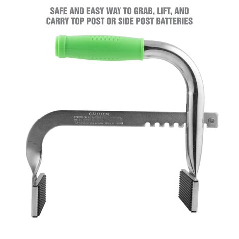 Heavy Duty Battery Carrier Lifter And Grab Tool For Top Post And Side Post Batteries With Rubber Pad Grip, steel tool with handle.