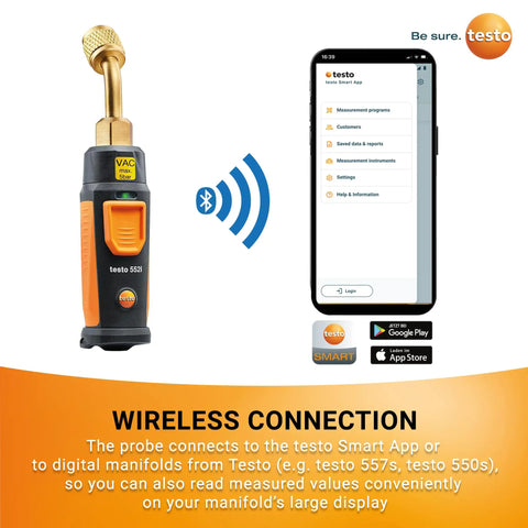 552i Wireless Digital Vacuum Probe For HVAC Systems With IP54 Protection And 45 Degree Service Port, Bluetooth Vacuum Gauge For Top Notch AC And Refrigeration Evacuation, App Enabled With Real Time Measurements, shown with smartphone app