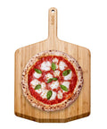 Heavy Duty 14 Inch Bamboo Pizza Peel And Wooden Spatula Paddle For Backyard Cookouts with pizza and basil leaves.