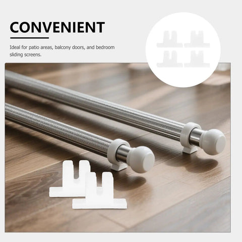 Kick Out Drafts With Heavy Duty Nylon Screen And Window Rollers Featuring Sturdy Guide Blocks For Double Track Sliding Doors Slick Gliding Pulleys Kit with silver tracks and white guide blocks.