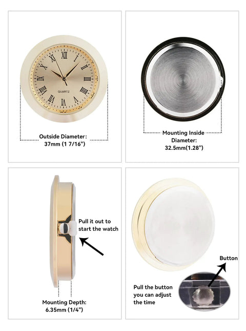 37mm Mini Clock Insert With Roman Dial, Quartz Movement, Fits 1 3/8 Inch Hole, Button Battery Powered in side and back view