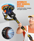 Heavy Duty Rock Solid Electric Drywall Sander With Swish Vacuum Dust Extractor And Variable Speed Dial Plus Killer Led Job Light and Compact Fold Grip, showing automatic dust removal system and handle.