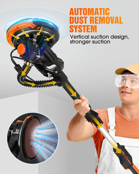 Heavy Duty Rock Solid Electric Drywall Sander With Swish Vacuum Dust Extractor And Variable Speed Dial Plus Killer Led Job Light and Compact Fold Grip, showing automatic dust removal system and handle.