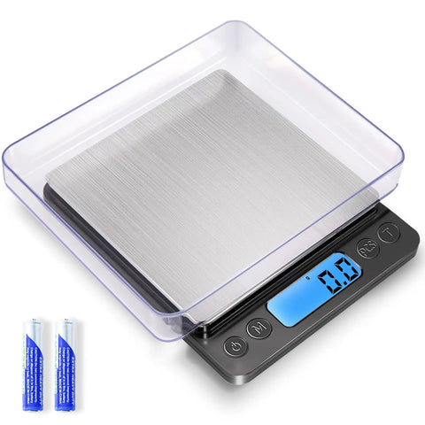 Ultra Precise Digital Kitchen Scale 3000g/0.1g with dual trays, LCD display, and batteries included; tiny pocket scale for cooking.