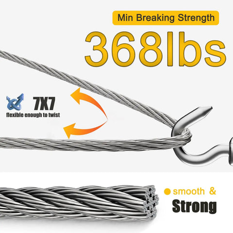 One Sixteenth Inch Stainless Steel Wire Rope Kit with 368 lbs breaking strength and 7x7 construction displayed with hook and bend.