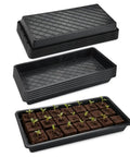 Stacked trays, open mesh tray, seedlings in soil blocks inside 10 Pack 1020 Mesh Trays With Holes Heavy Duty Mesh Bottom Flats 20 By 10 Inches