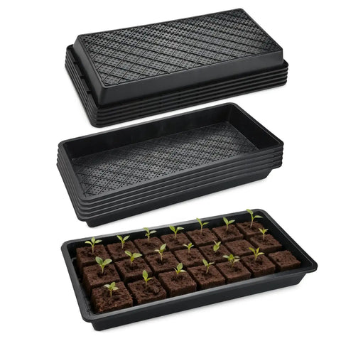 Stacked trays, open mesh tray, seedlings in soil blocks inside 10 Pack 1020 Mesh Trays With Holes Heavy Duty Mesh Bottom Flats 20 By 10 Inches