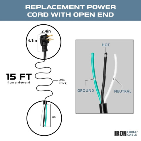 Heavy Duty 10 Gauge Air Compressor And Garage Heater Cord With A Rock Solid Nema 6 30 Plug Designed For 30 Amp Welders And Shop Equipment That Delivers Badass Reliability Up To 15 Feet, featuring a 15-foot replacement power cord with open end, showing plug and wire details.