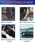 Four signs of CV axle issues: humming noise in engine, tire edge grease, steering wheel clicking, accelerating vibration.