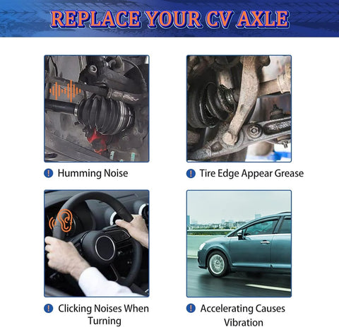 Four signs of CV axle issues: humming noise in engine, tire edge grease, steering wheel clicking, accelerating vibration.