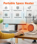 Compact PTC Ceramic Space Heater Portable Electric Desk Heater For Home Office Bedroom Fast Heat In Just 3 Seconds Your Go To Desk Heater Lightweight Safety Auto Shutoff Under Desk Friendly Light Brown in use on a desk, emitting warmth.