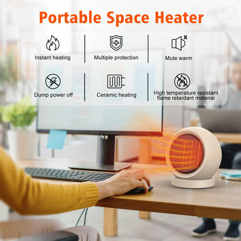 Compact PTC Ceramic Space Heater Portable Electric Desk Heater For Home Office Bedroom Fast Heat In Just 3 Seconds Your Go To Desk Heater Lightweight Safety Auto Shutoff Under Desk Friendly Light Brown in use on a desk, emitting warmth.