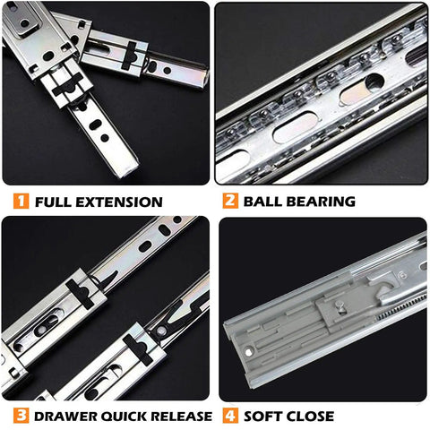 20 Inch Full Extension Drawer Slides With Side And Rear Mount Brackets Soft Close Ball Bearing Runners Heavy Duty Kitchen Dresser Hardware Zinc Plated 10 Pairs For Smooth Glide And Heavy Load Support, full extension and soft close