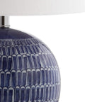 Close-up of navy ceramic hand painted scallop sphere base with white linen shade for Navy Ceramic Hand Painted Scallop Sphere Table Lamp with White Linen Drum Shade for Coastal Transitional Bedside and Living Room Vibe LED Bulb Included ETL Listed 120 Volt Safe and Stylish
