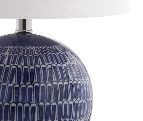 Close-up of navy ceramic hand painted scallop sphere base with white linen shade for Navy Ceramic Hand Painted Scallop Sphere Table Lamp with White Linen Drum Shade for Coastal Transitional Bedside and Living Room Vibe LED Bulb Included ETL Listed 120 Volt Safe and Stylish