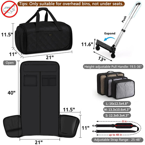 Four In One Rolling Garment Bag For Travel With Wheels Carry On Size Duffle Convertible Suit Carrier dimensions and features