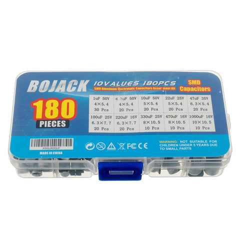 Plastic case of Ten Value SMD Aluminum Electrolytic Capacitors Kit, 180 Pieces, 1uF To 1000uF, 16V To 50V, Tolerance 20 Percent