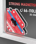 YESWELDER front view switchable arrow welding magnets, 2-pack, 66–110 lb, red with blue stripe, on/off switch