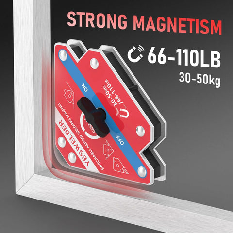 YESWELDER front view switchable arrow welding magnets, 2-pack, 66–110 lb, red with blue stripe, on/off switch