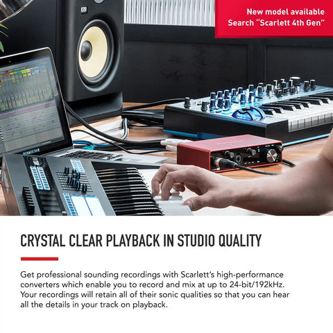 Scarlett 4i4 3rd Gen USB Audio Interface among studio equipment with synthesizer and speaker