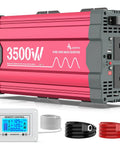 Heavy Lifter Three Thousand Five Hundred Watt Pure Sine Wave Power Inverter showing dual outlets, LCD screen, and cables.