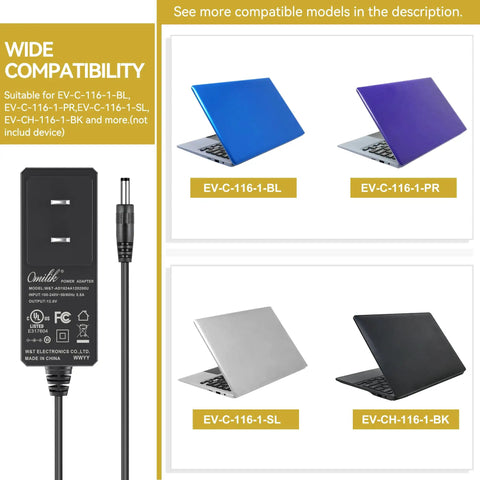 Heavy Duty 12V AC Adapter Wall Charger Power Cord Built Tough For Seamless Daily Plugs Compatible With Eooo Ultra Thin 11.6 Inch Laptop and PC models with multiple color options.