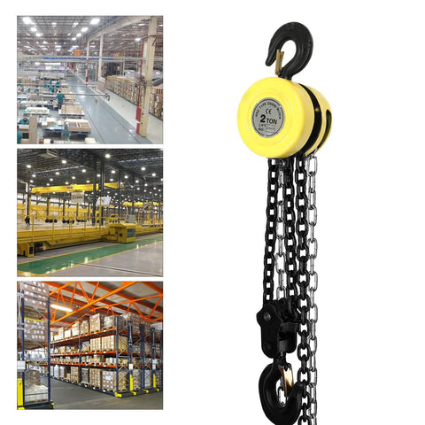 4400 Lb Capacity Chain Hoist With 2 Ton Manual Hand Chain Block, 10 Ft Lifting Height, shown in warehouse settings