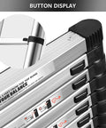 Close-up of button display on Twelve And A Half Foot Aluminum Telescoping Ladder That Extends From Compact Fold to Full Height