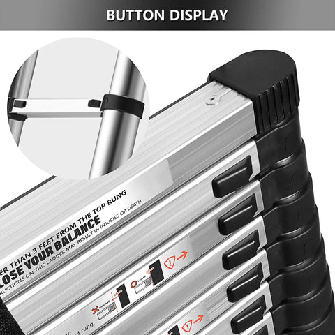 Close-up of button display on Twelve And A Half Foot Aluminum Telescoping Ladder That Extends From Compact Fold to Full Height