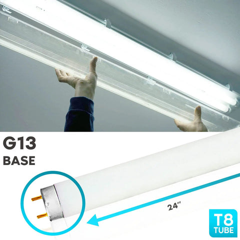 24 Inch T8 Fluorescent Tube Light Bulb 17W 5000K Bright White, 1350 Lumens, G13 Base, being installed in ceiling fixture.