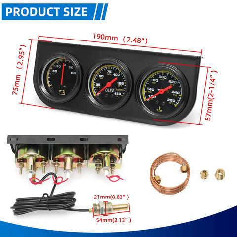Dope 2 Inch 52mm Triple Gauge Kit For Car Dash Mount, Oil Pressure 0-150 Psi, Water Temperature 100F To 280F, Ammeter -60 To 60A