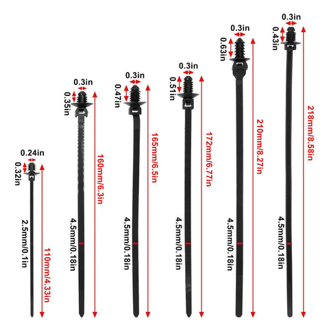 60 Pack Push Mount Zip Ties Nylon Cable Ties For Wire Harnesses Black Snap In Car Mount Ties Automotive Fasteners Durable Nylon Heat Resistant 6 Types Great For DIY Projects showing six different sizes and dimensions.