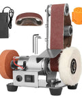 Compact Mini Belt Sander With 7 Variable Speed Settings showcasing sanding belts, electric motor, and polishing wheel for versatile use.