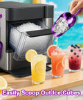 Heavy Duty Ice Scoop For Freezer With Magnetic Hook And Ice Tongs in use with drinks and ice machine.