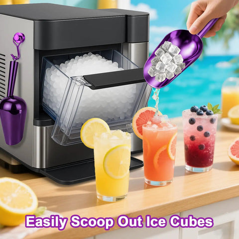 Heavy Duty Ice Scoop For Freezer With Magnetic Hook And Ice Tongs in use with drinks and ice machine.