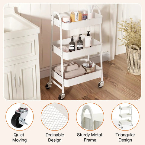3-Tier Rolling Utility Cart With Locking Wheels For Small Spaces in bathroom, slim metal mobile storage organizer